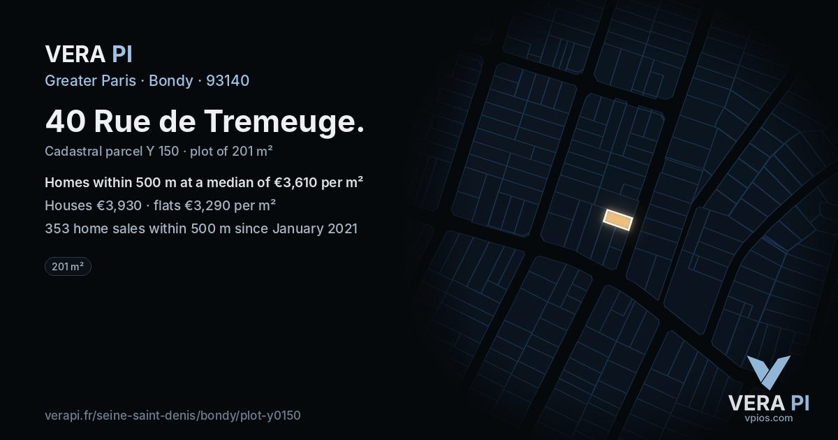 40 Rue de Tremeuge, Bondy at night – the plot lit, the parcels around coloured by the prices near them