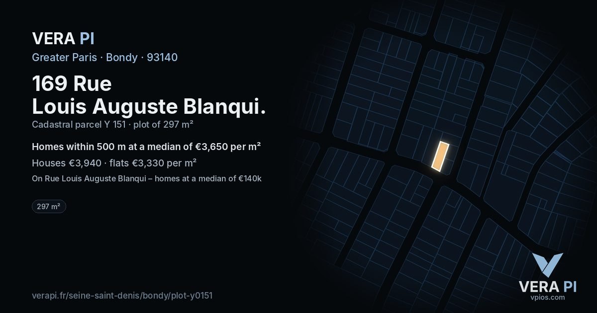 169 Rue Louis Auguste Blanqui, Bondy at night – the plot lit, the parcels around coloured by the prices near them