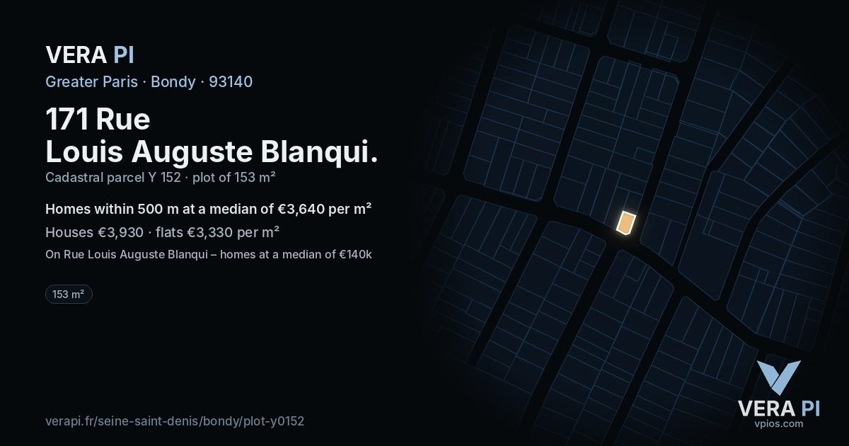 171 Rue Louis Auguste Blanqui, Bondy at night – the plot lit, the parcels around coloured by the prices near them