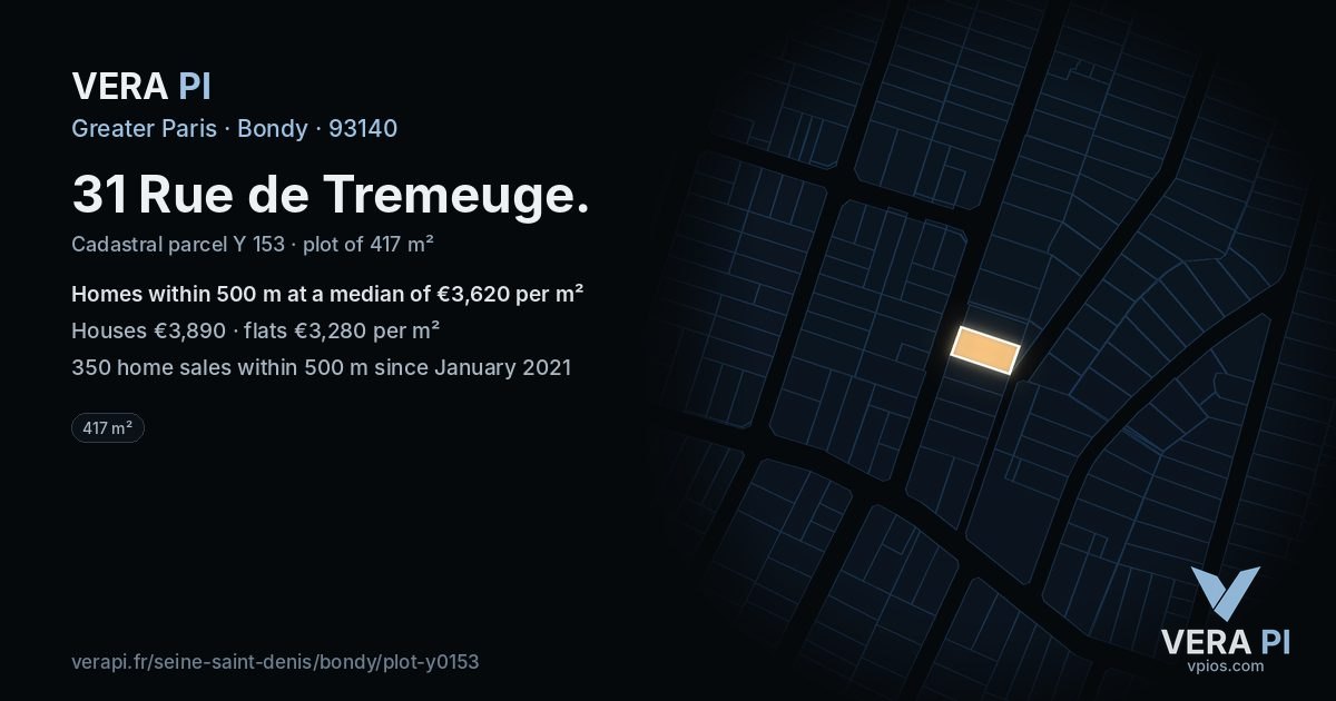 31 Rue de Tremeuge, Bondy at night – the plot lit, the parcels around coloured by the prices near them