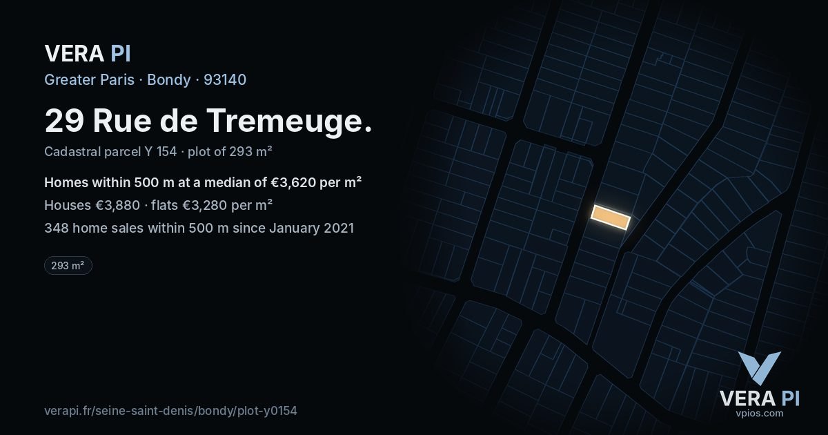 29 Rue de Tremeuge, Bondy at night – the plot lit, the parcels around coloured by the prices near them