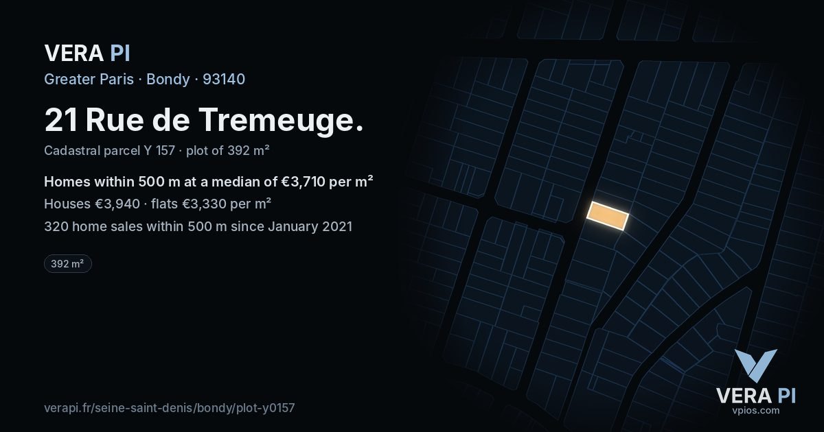 21 Rue de Tremeuge, Bondy at night – the plot lit, the parcels around coloured by the prices near them