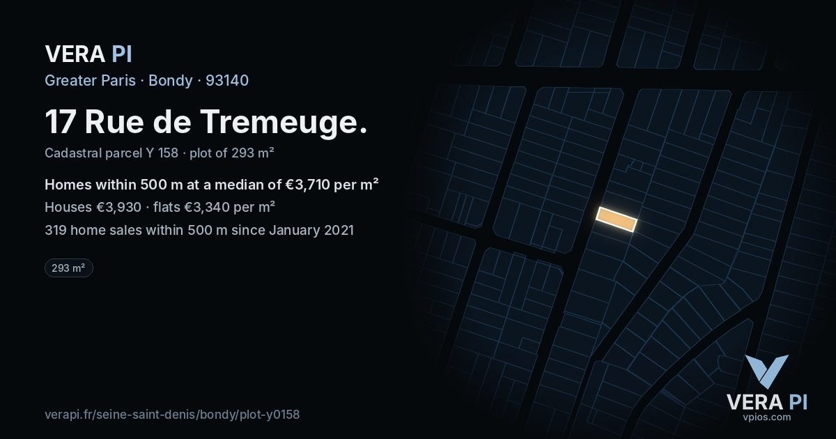 17 Rue de Tremeuge, Bondy at night – the plot lit, the parcels around coloured by the prices near them