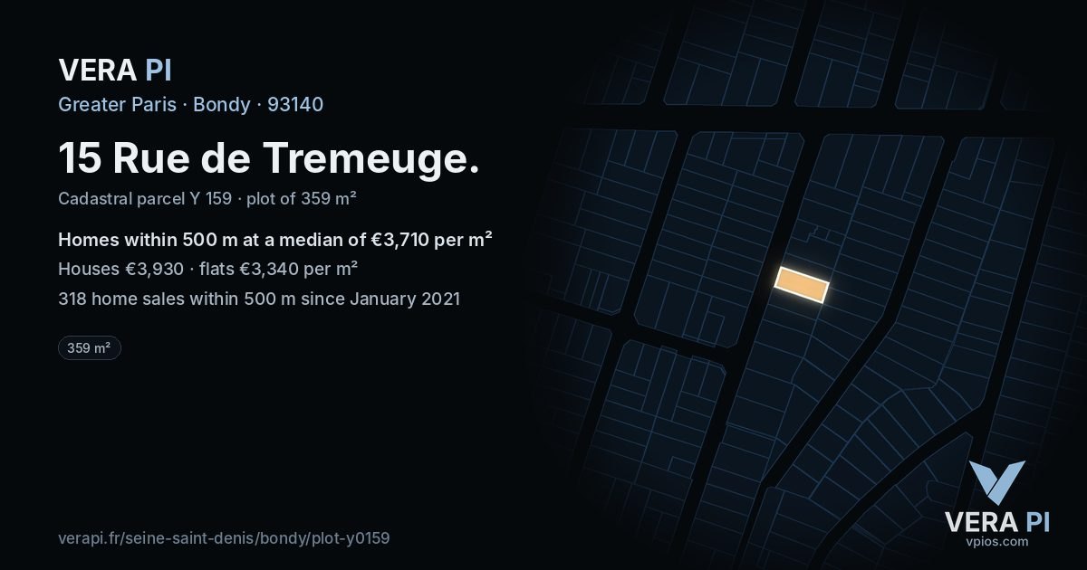 15 Rue de Tremeuge, Bondy at night – the plot lit, the parcels around coloured by the prices near them