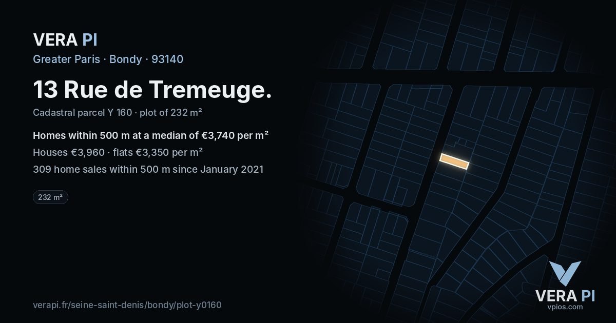 13 Rue de Tremeuge, Bondy at night – the plot lit, the parcels around coloured by the prices near them