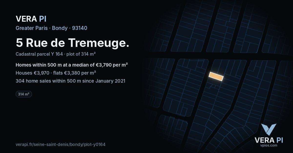 5 Rue de Tremeuge, Bondy at night – the plot lit, the parcels around coloured by the prices near them
