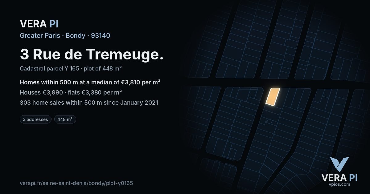 3 Rue de Tremeuge, Bondy at night – the plot lit, the parcels around coloured by the prices near them