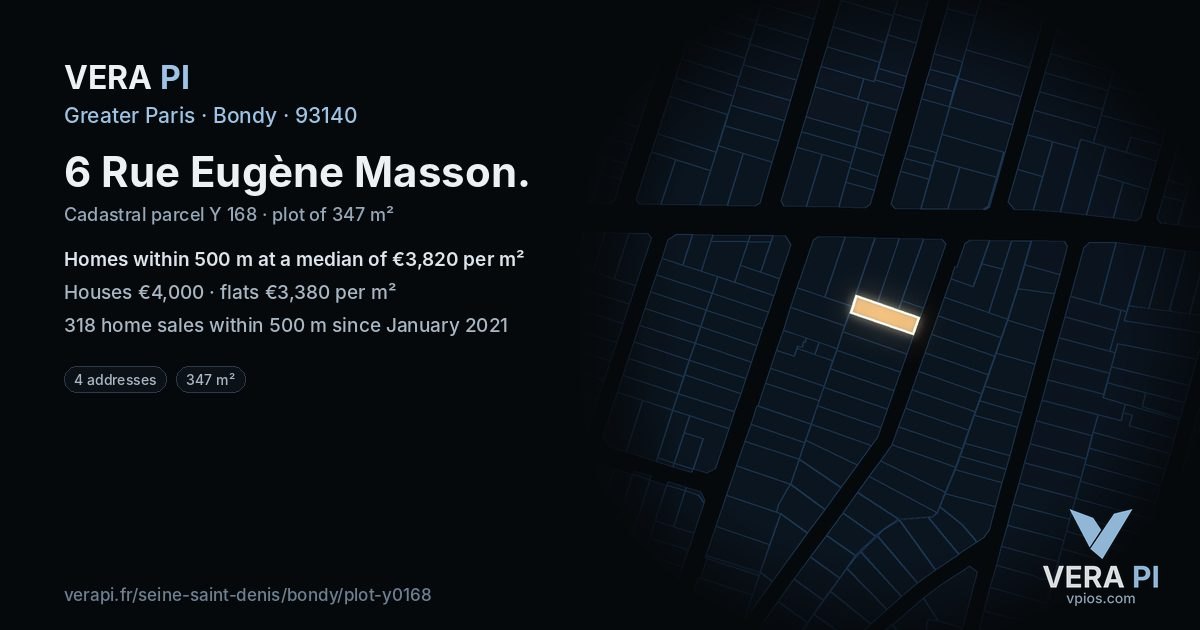 6 Rue Eugène Masson, Bondy at night – the plot lit, the parcels around coloured by the prices near them