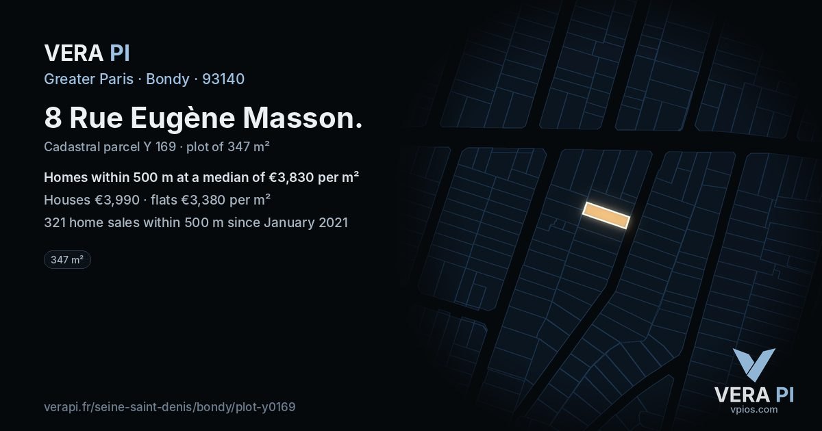 8 Rue Eugène Masson, Bondy at night – the plot lit, the parcels around coloured by the prices near them