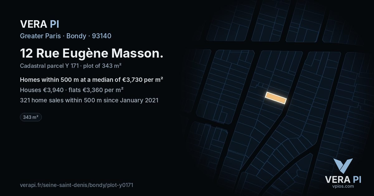 12 Rue Eugène Masson, Bondy at night – the plot lit, the parcels around coloured by the prices near them
