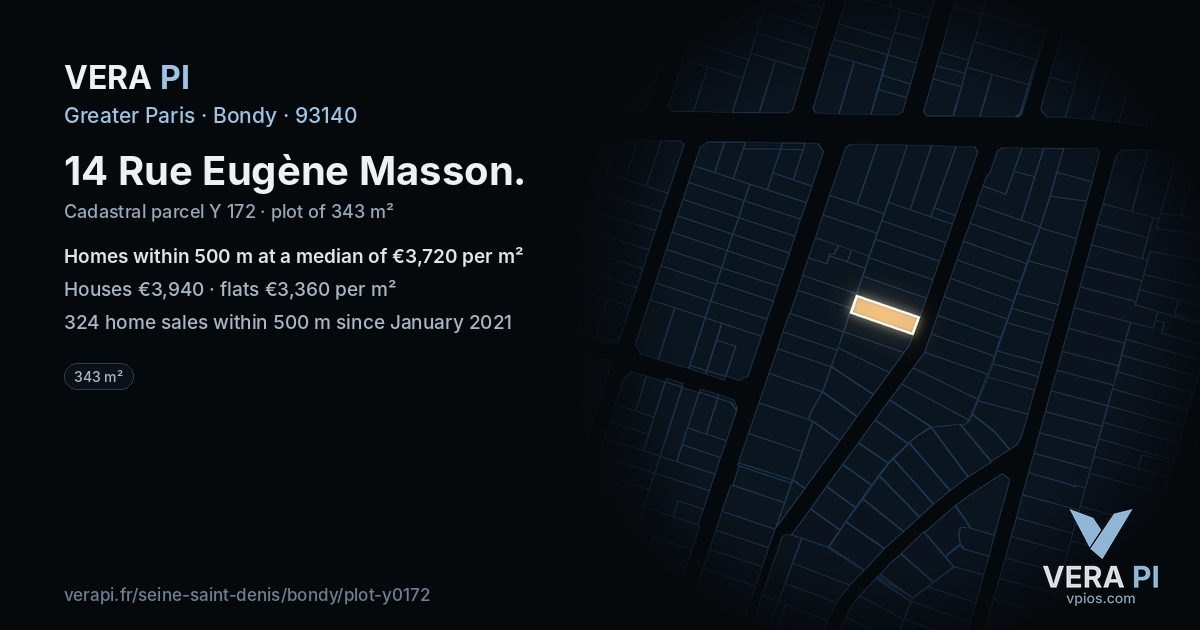 14 Rue Eugène Masson, Bondy at night – the plot lit, the parcels around coloured by the prices near them