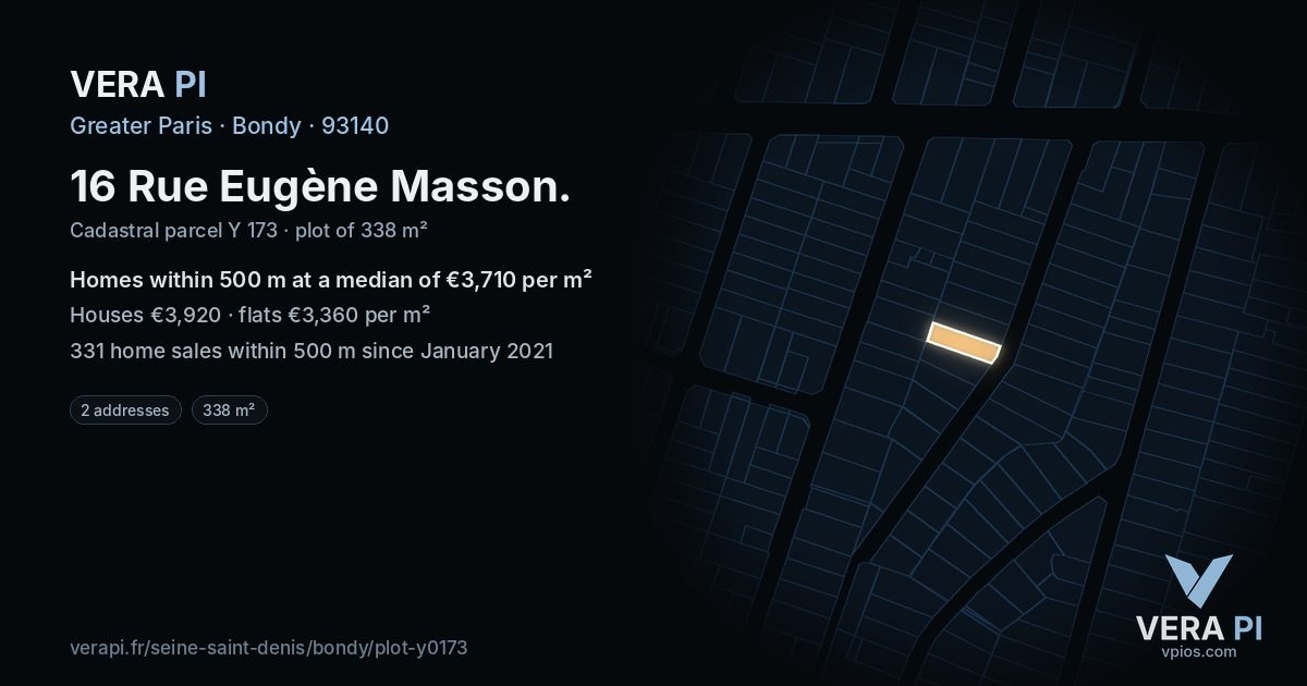 16 Rue Eugène Masson, Bondy at night – the plot lit, the parcels around coloured by the prices near them