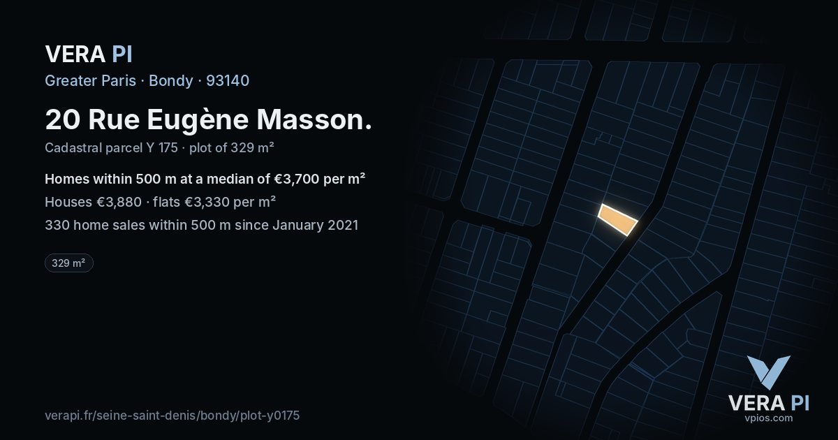 20 Rue Eugène Masson, Bondy at night – the plot lit, the parcels around coloured by the prices near them