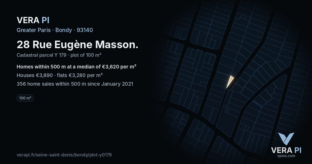 28 Rue Eugène Masson, Bondy at night – the plot lit, the parcels around coloured by the prices near them