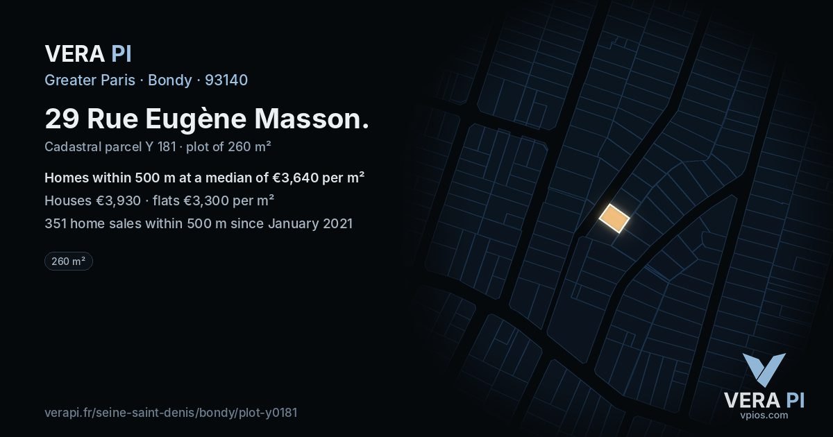 29 Rue Eugène Masson, Bondy at night – the plot lit, the parcels around coloured by the prices near them
