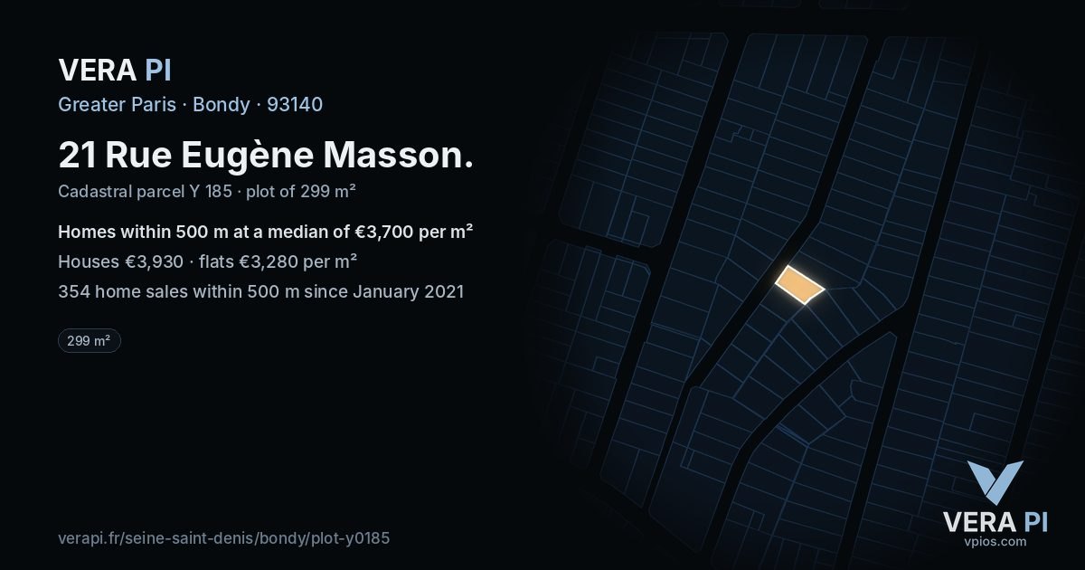 21 Rue Eugène Masson, Bondy at night – the plot lit, the parcels around coloured by the prices near them