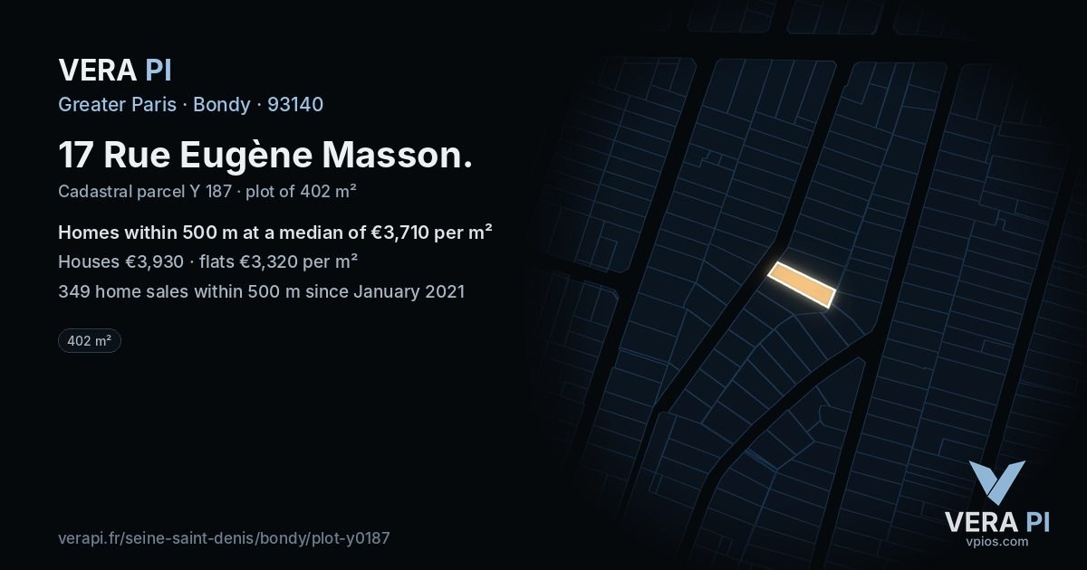 17 Rue Eugène Masson, Bondy at night – the plot lit, the parcels around coloured by the prices near them