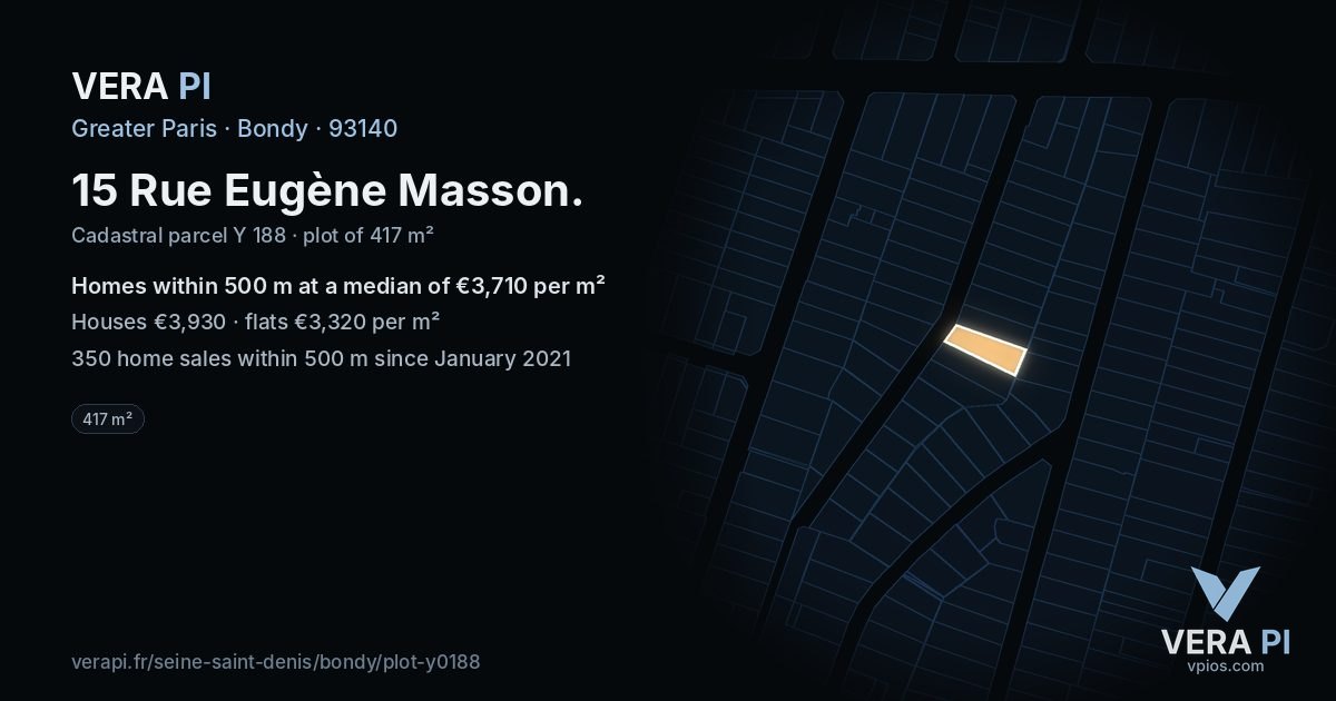 15 Rue Eugène Masson, Bondy at night – the plot lit, the parcels around coloured by the prices near them