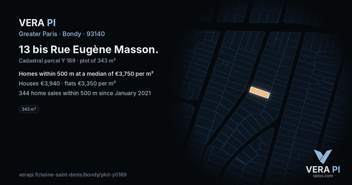 13 bis Rue Eugène Masson, Bondy at night – the plot lit, the parcels around coloured by the prices near them