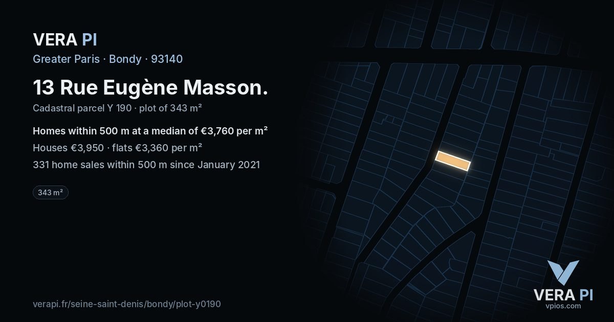 13 Rue Eugène Masson, Bondy at night – the plot lit, the parcels around coloured by the prices near them
