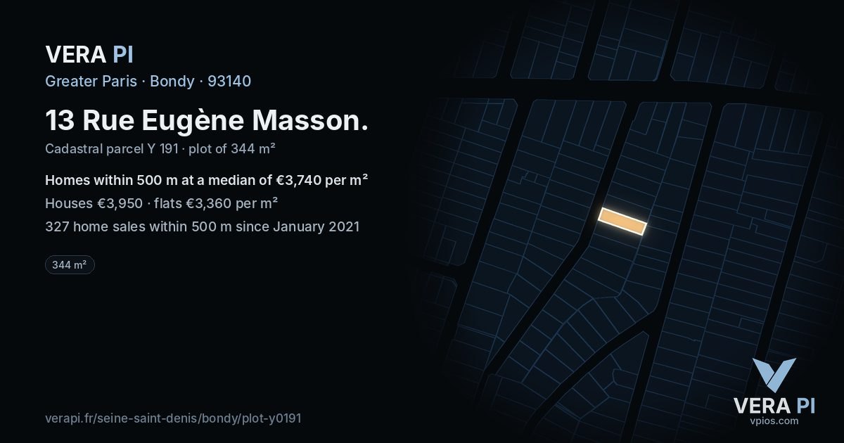 13 Rue Eugène Masson, Bondy at night – the plot lit, the parcels around coloured by the prices near them