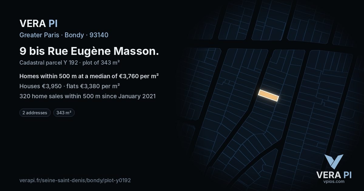 9 bis Rue Eugène Masson, Bondy at night – the plot lit, the parcels around coloured by the prices near them