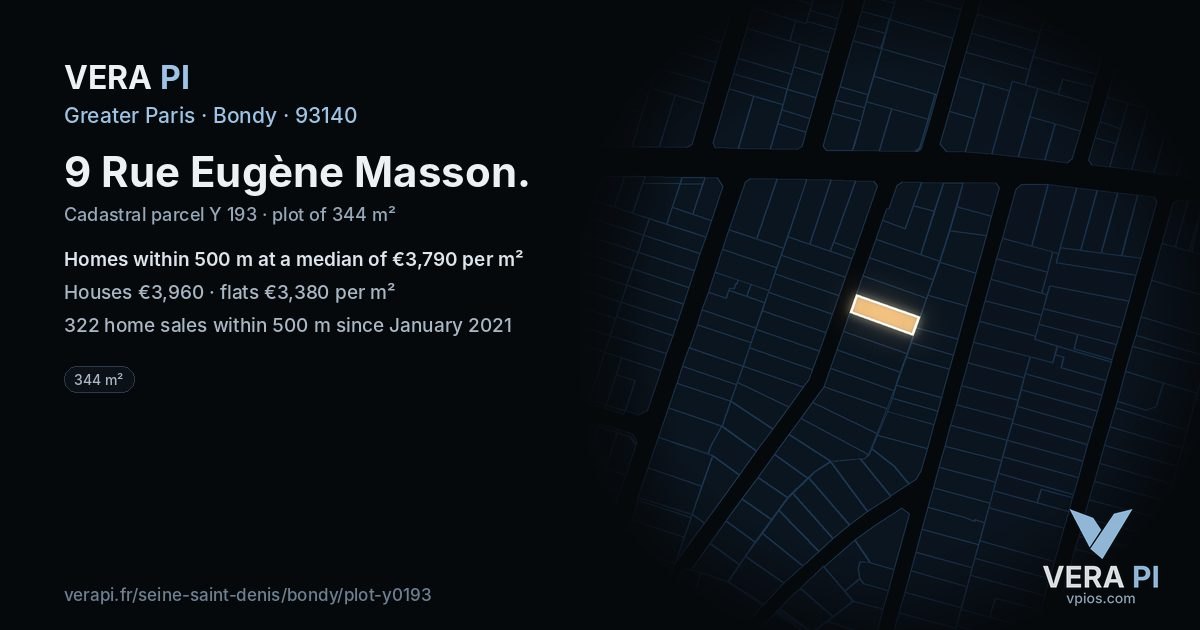 9 Rue Eugène Masson, Bondy at night – the plot lit, the parcels around coloured by the prices near them