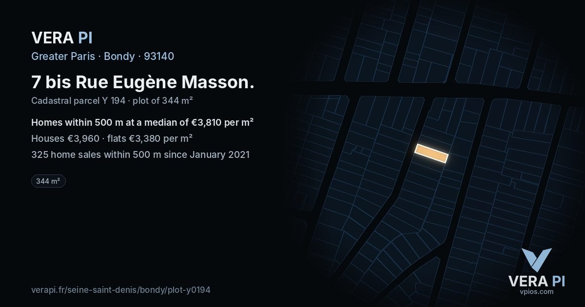 7 bis Rue Eugène Masson, Bondy at night – the plot lit, the parcels around coloured by the prices near them