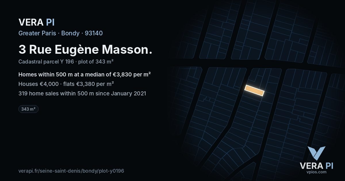 3 Rue Eugène Masson, Bondy at night – the plot lit, the parcels around coloured by the prices near them