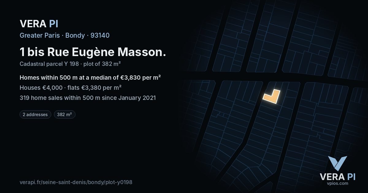 1 bis Rue Eugène Masson, Bondy at night – the plot lit, the parcels around coloured by the prices near them
