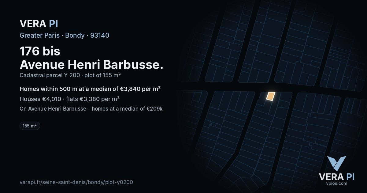 176 bis Avenue Henri Barbusse, Bondy at night – the plot lit, the parcels around coloured by the prices near them