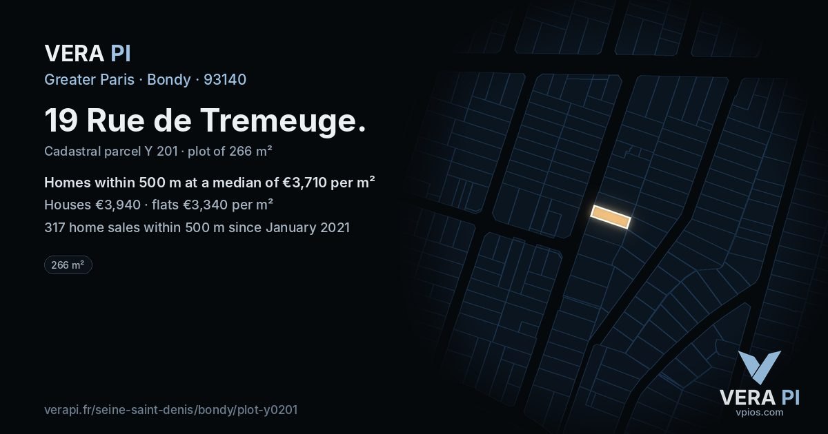 19 Rue de Tremeuge, Bondy at night – the plot lit, the parcels around coloured by the prices near them