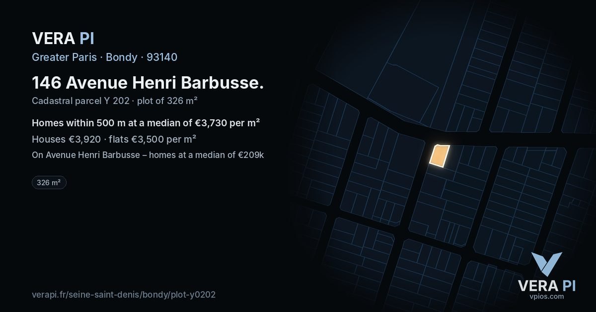 146 Avenue Henri Barbusse, Bondy at night – the plot lit, the parcels around coloured by the prices near them