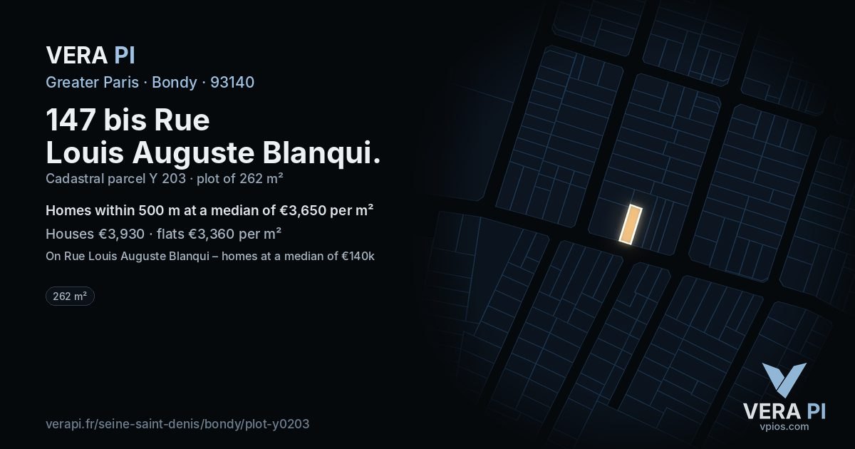 147 bis Rue Louis Auguste Blanqui, Bondy at night – the plot lit, the parcels around coloured by the prices near them
