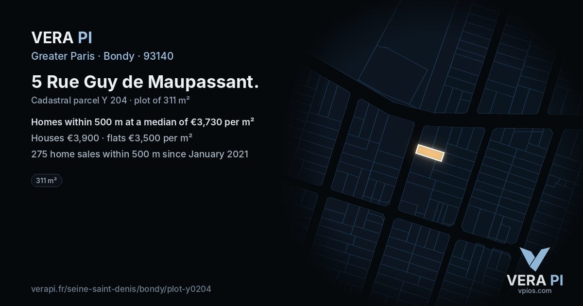 5 Rue Guy de Maupassant, Bondy at night – the plot lit, the parcels around coloured by the prices near them