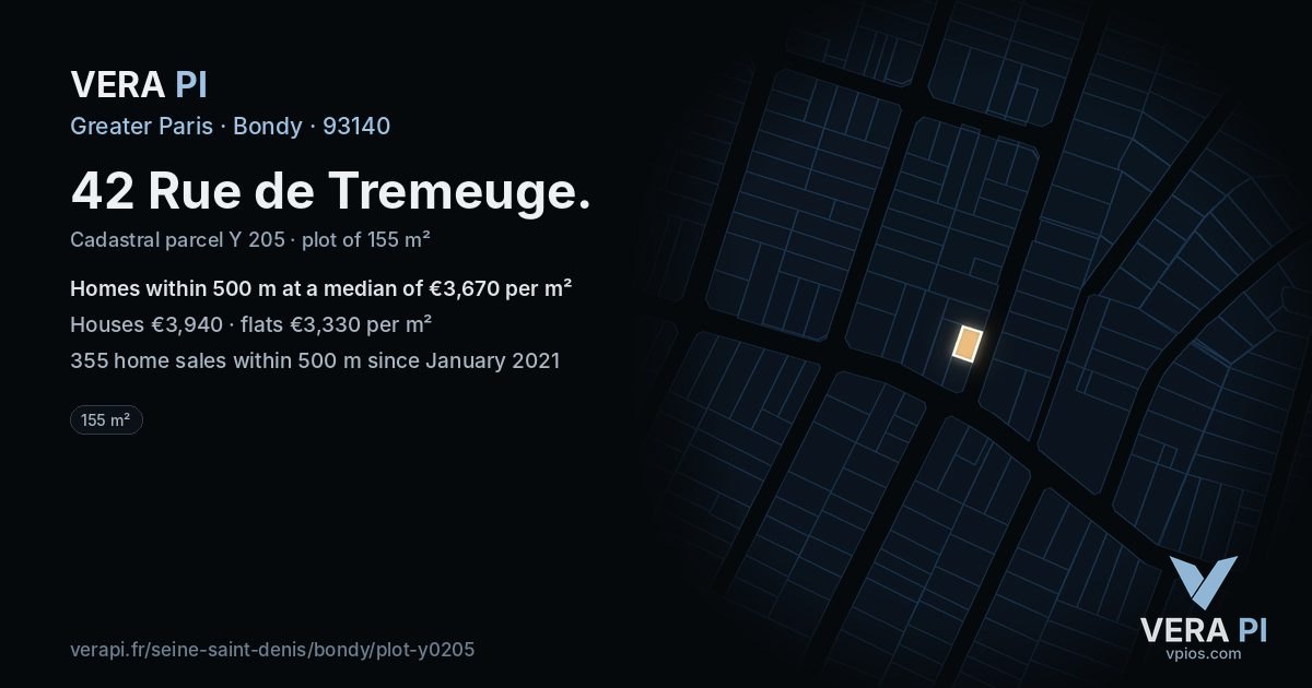 42 Rue de Tremeuge, Bondy at night – the plot lit, the parcels around coloured by the prices near them