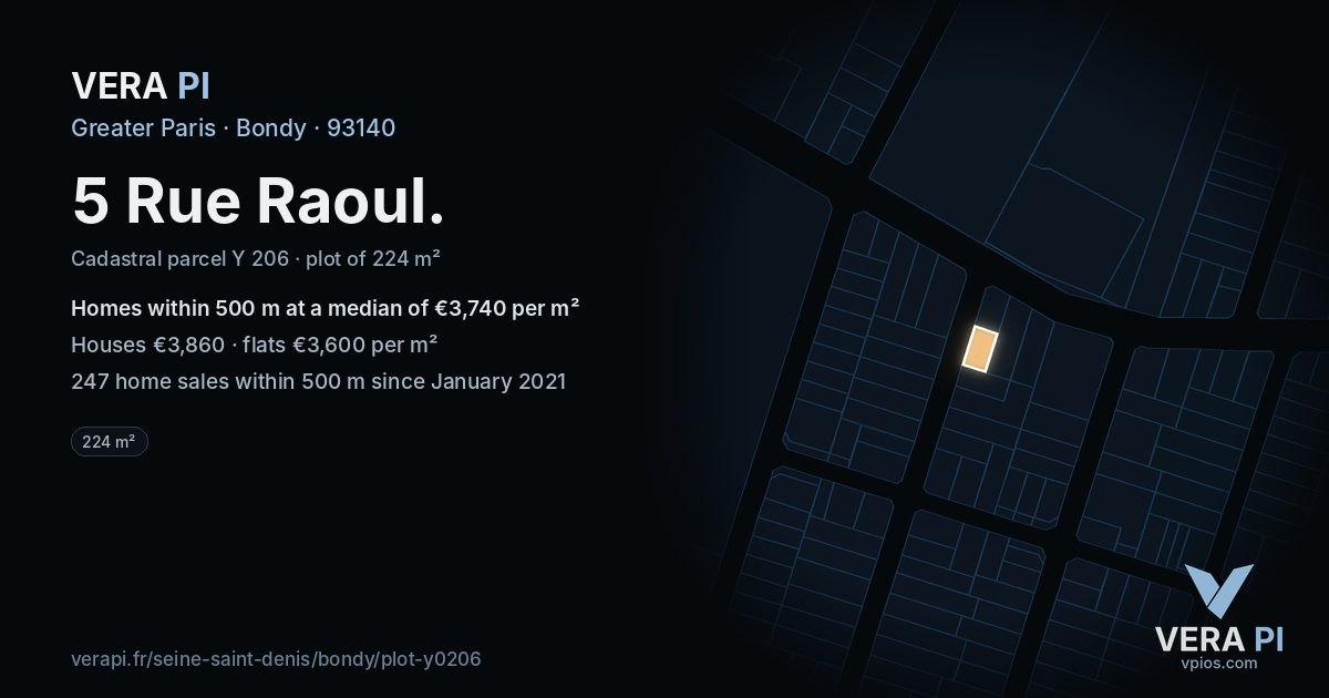 5 Rue Raoul, Bondy at night – the plot lit, the parcels around coloured by the prices near them