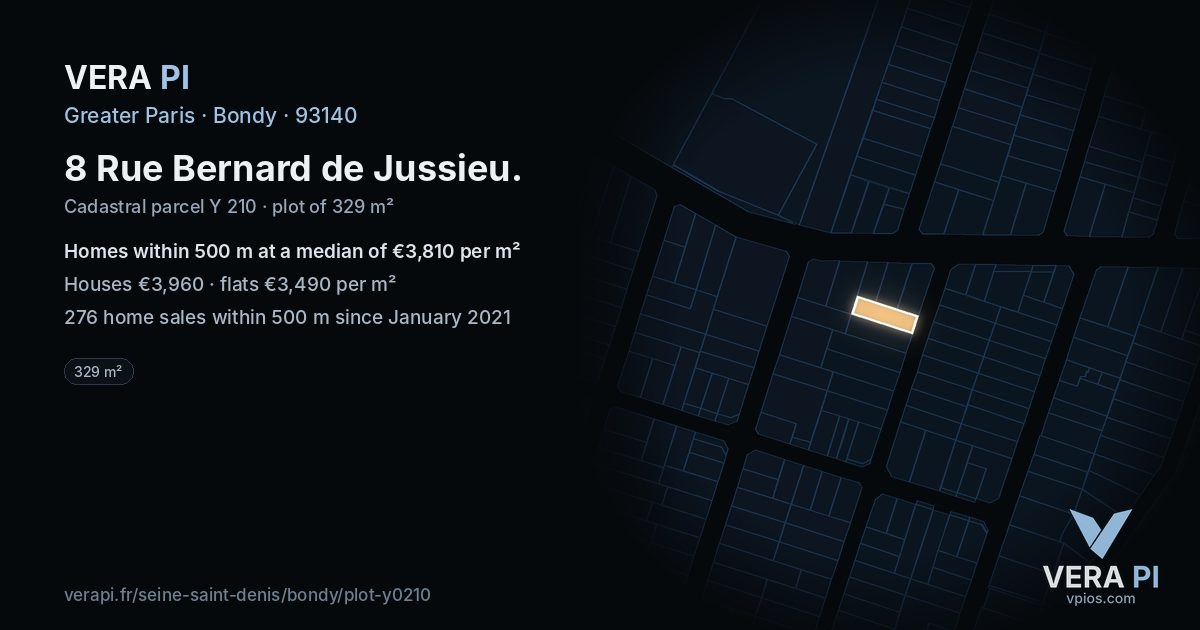 8 Rue Bernard de Jussieu, Bondy at night – the plot lit, the parcels around coloured by the prices near them