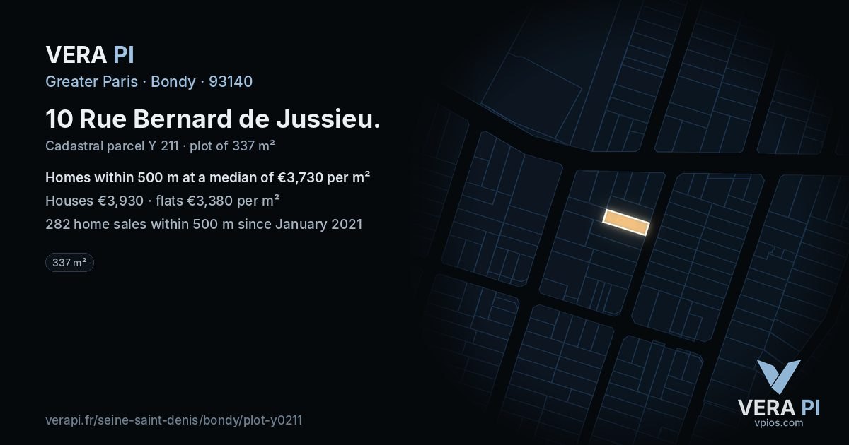 10 Rue Bernard de Jussieu, Bondy at night – the plot lit, the parcels around coloured by the prices near them