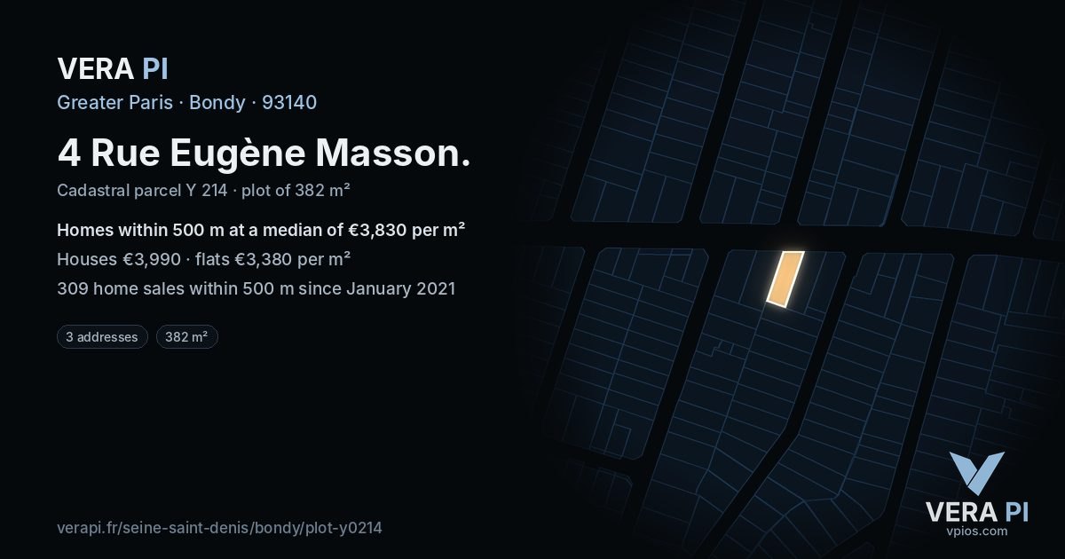 4 Rue Eugène Masson, Bondy at night – the plot lit, the parcels around coloured by the prices near them