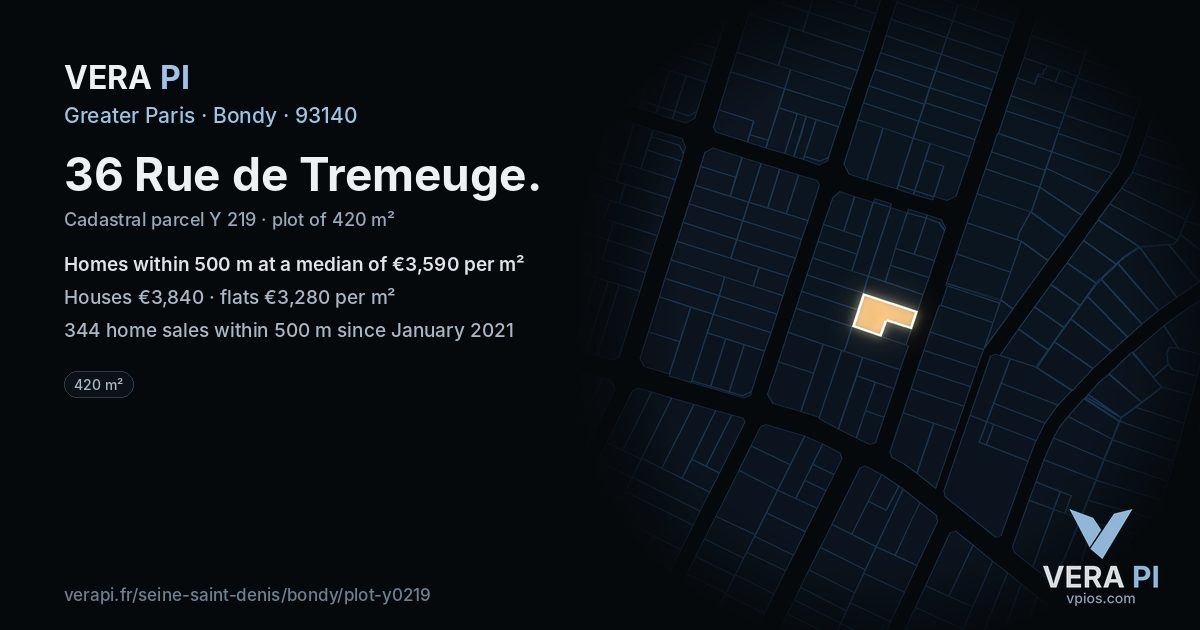 36 Rue de Tremeuge, Bondy at night – the plot lit, the parcels around coloured by the prices near them