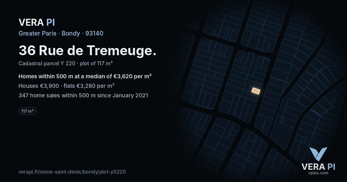 36 Rue de Tremeuge, Bondy at night – the plot lit, the parcels around coloured by the prices near them