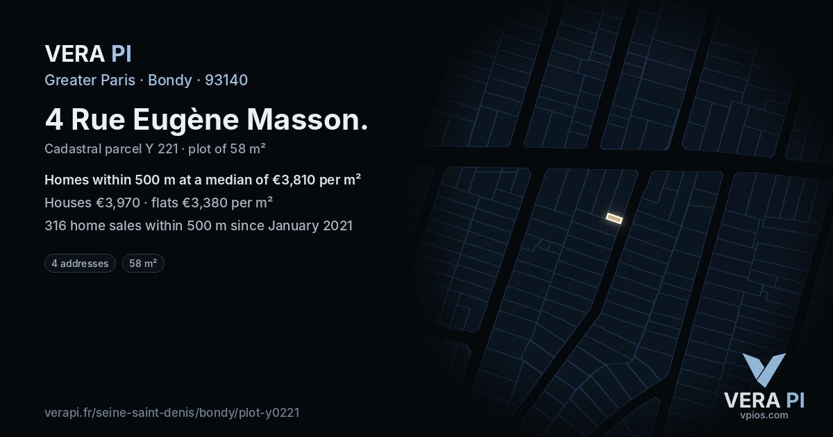 4 Rue Eugène Masson, Bondy at night – the plot lit, the parcels around coloured by the prices near them