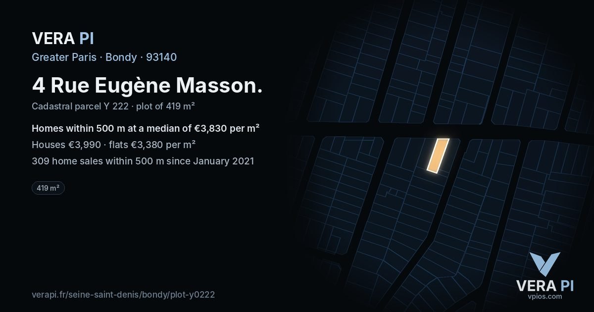 4 Rue Eugène Masson, Bondy at night – the plot lit, the parcels around coloured by the prices near them