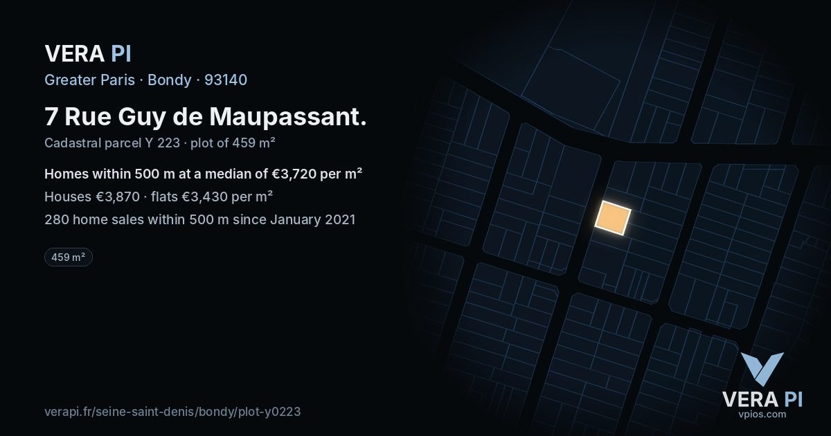 7 Rue Guy de Maupassant, Bondy at night – the plot lit, the parcels around coloured by the prices near them