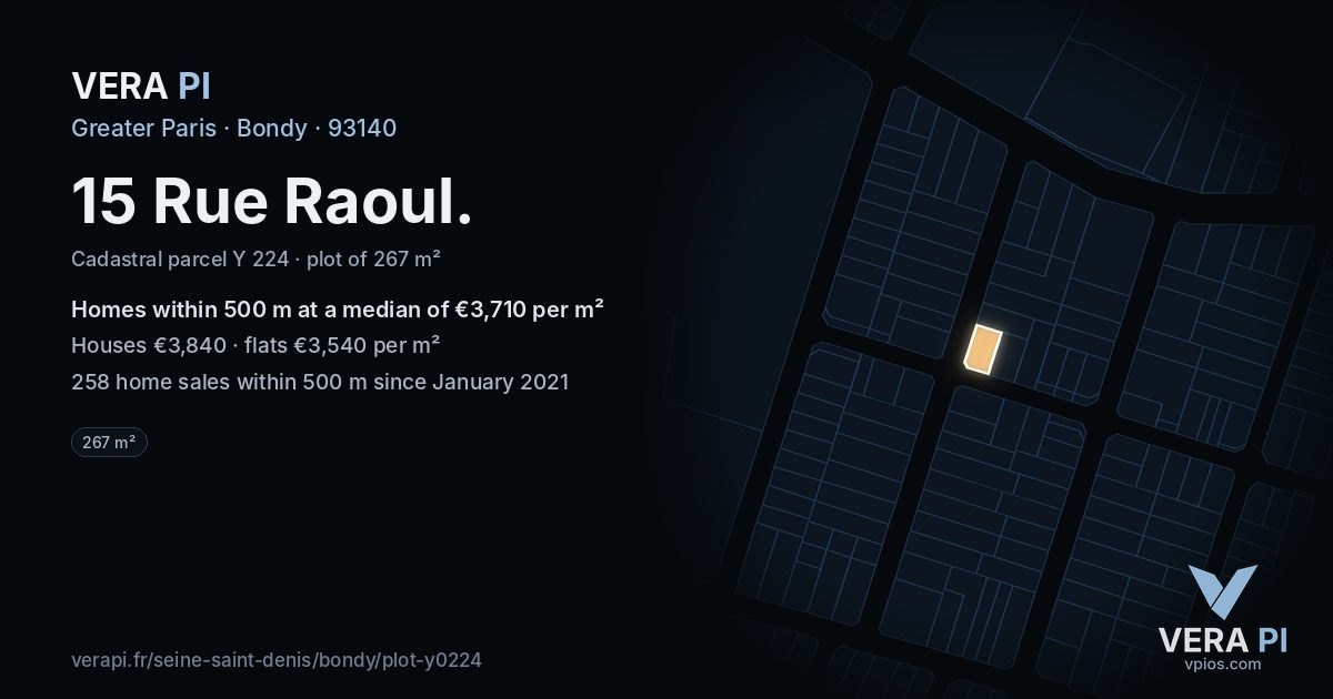 15 Rue Raoul, Bondy at night – the plot lit, the parcels around coloured by the prices near them