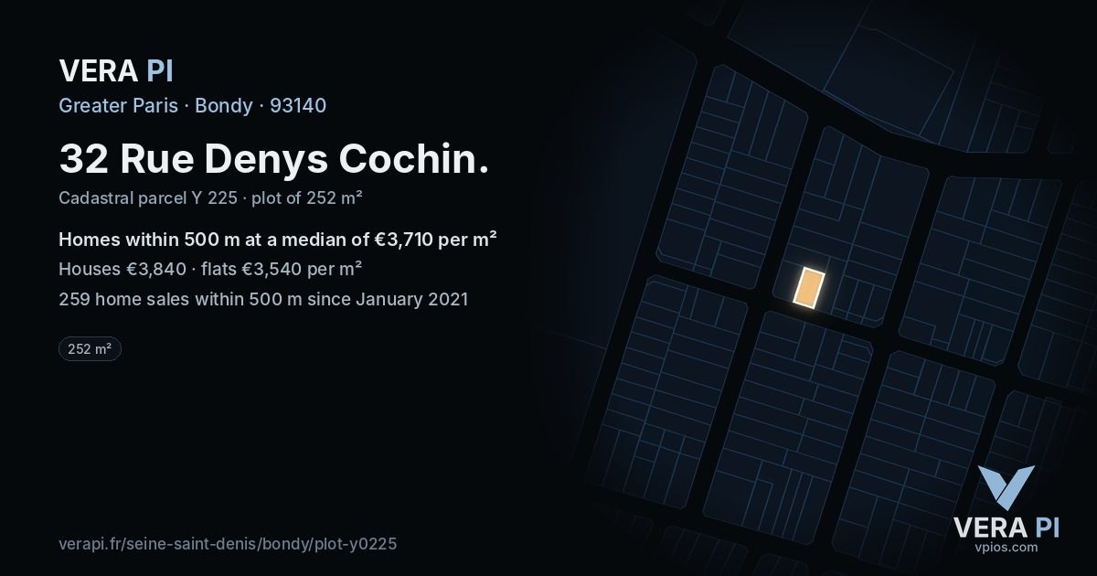 32 Rue Denys Cochin, Bondy at night – the plot lit, the parcels around coloured by the prices near them