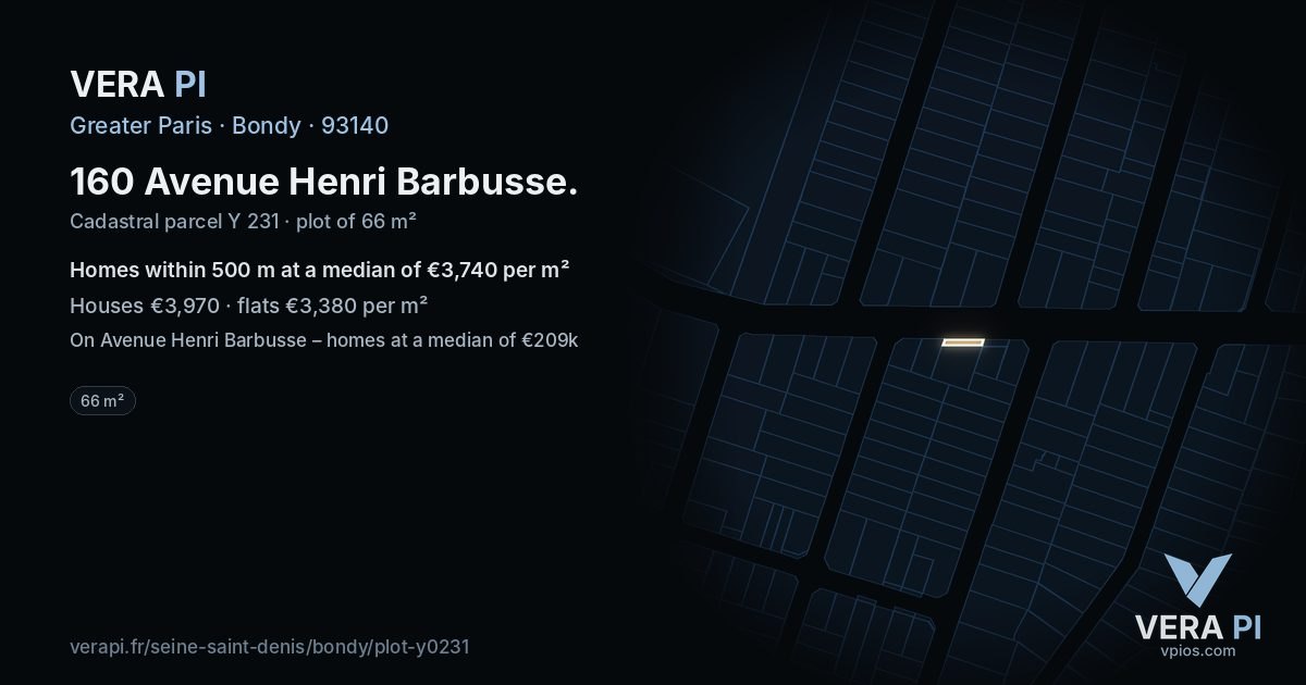 160 Avenue Henri Barbusse, Bondy at night – the plot lit, the parcels around coloured by the prices near them