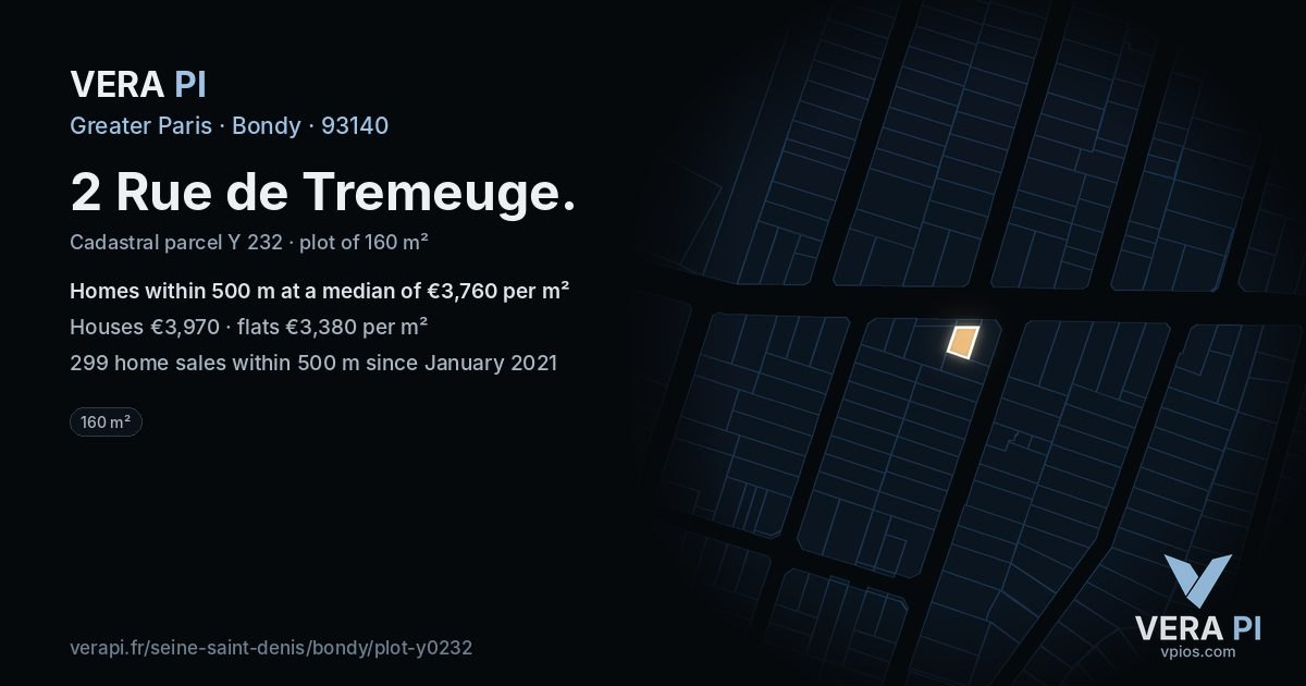 2 Rue de Tremeuge, Bondy at night – the plot lit, the parcels around coloured by the prices near them