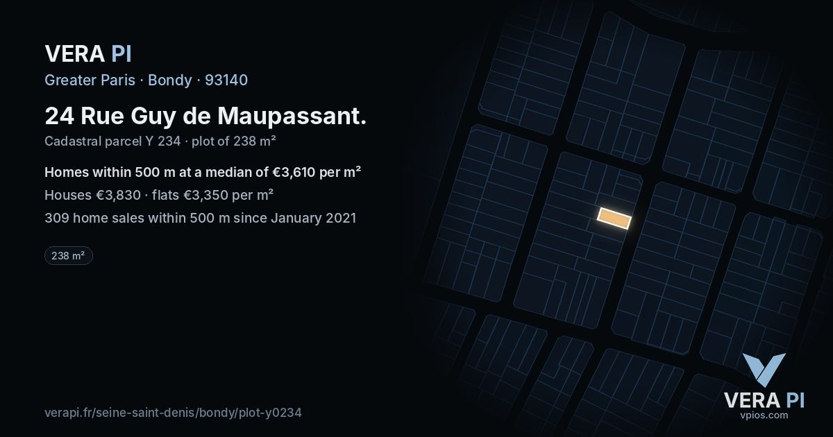 24 Rue Guy de Maupassant, Bondy at night – the plot lit, the parcels around coloured by the prices near them